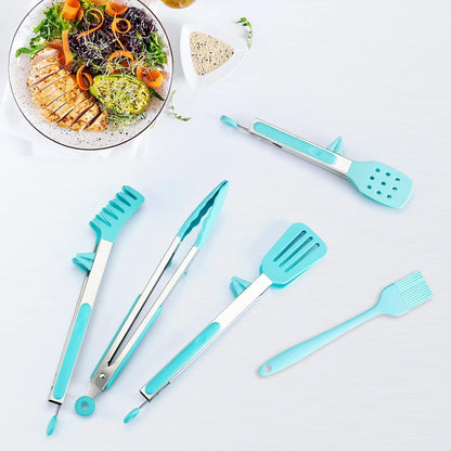 5-Pack Kitchen Tongs for Cooking with Silicone Tip,13 Inch,with Oil Brush | 600℉ Heat-Resistant,Non-Stick,Stainless Steel Tongs for Spaghetti,Pasta,Steak,Salad,BBQ,Pie,Pizza,Buffet,Serving Food(Black)