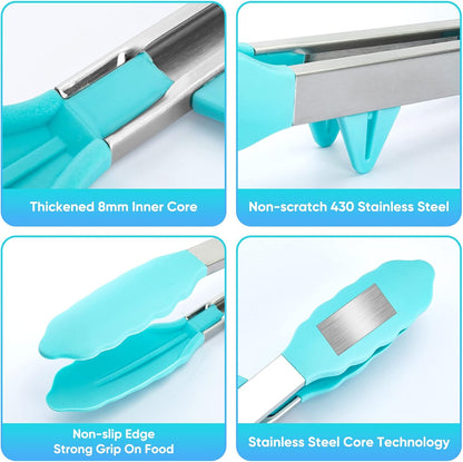 5-Pack Kitchen Tongs for Cooking with Silicone Tip,13 Inch,with Oil Brush | 600℉ Heat-Resistant,Non-Stick,Stainless Steel Tongs for Spaghetti,Pasta,Steak,Salad,BBQ,Pie,Pizza,Buffet,Serving Food(Black)