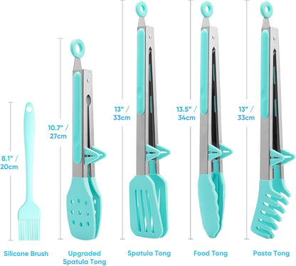 5-Pack Kitchen Tongs for Cooking with Silicone Tip,13 Inch,with Oil Brush | 600℉ Heat-Resistant,Non-Stick,Stainless Steel Tongs for Spaghetti,Pasta,Steak,Salad,BBQ,Pie,Pizza,Buffet,Serving Food(Black)