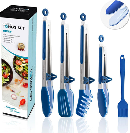 5-Pack Kitchen Tongs for Cooking with Silicone Tip,13 Inch,with Oil Brush | 600℉ Heat-Resistant,Non-Stick,Stainless Steel Tongs for Spaghetti,Pasta,Steak,Salad,BBQ,Pie,Pizza,Buffet,Serving Food(Black)