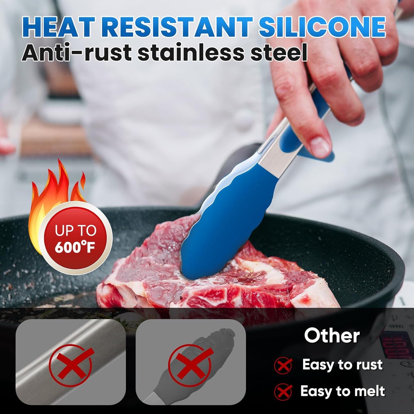 5-Pack Kitchen Tongs for Cooking with Silicone Tip,13 Inch,with Oil Brush | 600℉ Heat-Resistant,Non-Stick,Stainless Steel Tongs for Spaghetti,Pasta,Steak,Salad,BBQ,Pie,Pizza,Buffet,Serving Food(Black)