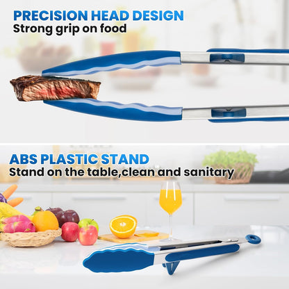 5-Pack Kitchen Tongs for Cooking with Silicone Tip,13 Inch,with Oil Brush | 600℉ Heat-Resistant,Non-Stick,Stainless Steel Tongs for Spaghetti,Pasta,Steak,Salad,BBQ,Pie,Pizza,Buffet,Serving Food(Black)