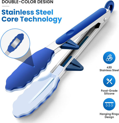 5-Pack Kitchen Tongs for Cooking with Silicone Tip,13 Inch,with Oil Brush | 600℉ Heat-Resistant,Non-Stick,Stainless Steel Tongs for Spaghetti,Pasta,Steak,Salad,BBQ,Pie,Pizza,Buffet,Serving Food(Black)