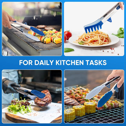 5-Pack Kitchen Tongs for Cooking with Silicone Tip,13 Inch,with Oil Brush | 600℉ Heat-Resistant,Non-Stick,Stainless Steel Tongs for Spaghetti,Pasta,Steak,Salad,BBQ,Pie,Pizza,Buffet,Serving Food(Black)