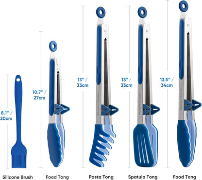 5-Pack Kitchen Tongs for Cooking with Silicone Tip,13 Inch,with Oil Brush | 600℉ Heat-Resistant,Non-Stick,Stainless Steel Tongs for Spaghetti,Pasta,Steak,Salad,BBQ,Pie,Pizza,Buffet,Serving Food(Black)