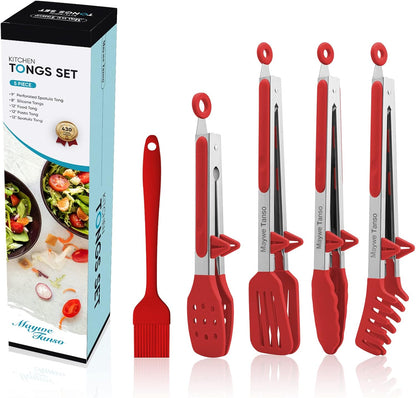 5-Pack Kitchen Tongs for Cooking with Silicone Tip,13 Inch,with Oil Brush | 600℉ Heat-Resistant,Non-Stick,Stainless Steel Tongs for Spaghetti,Pasta,Steak,Salad,BBQ,Pie,Pizza,Buffet,Serving Food(Black)