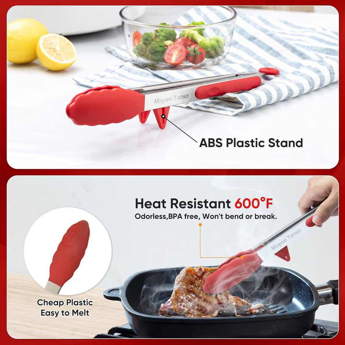 5-Pack Kitchen Tongs for Cooking with Silicone Tip,13 Inch,with Oil Brush | 600℉ Heat-Resistant,Non-Stick,Stainless Steel Tongs for Spaghetti,Pasta,Steak,Salad,BBQ,Pie,Pizza,Buffet,Serving Food(Black)