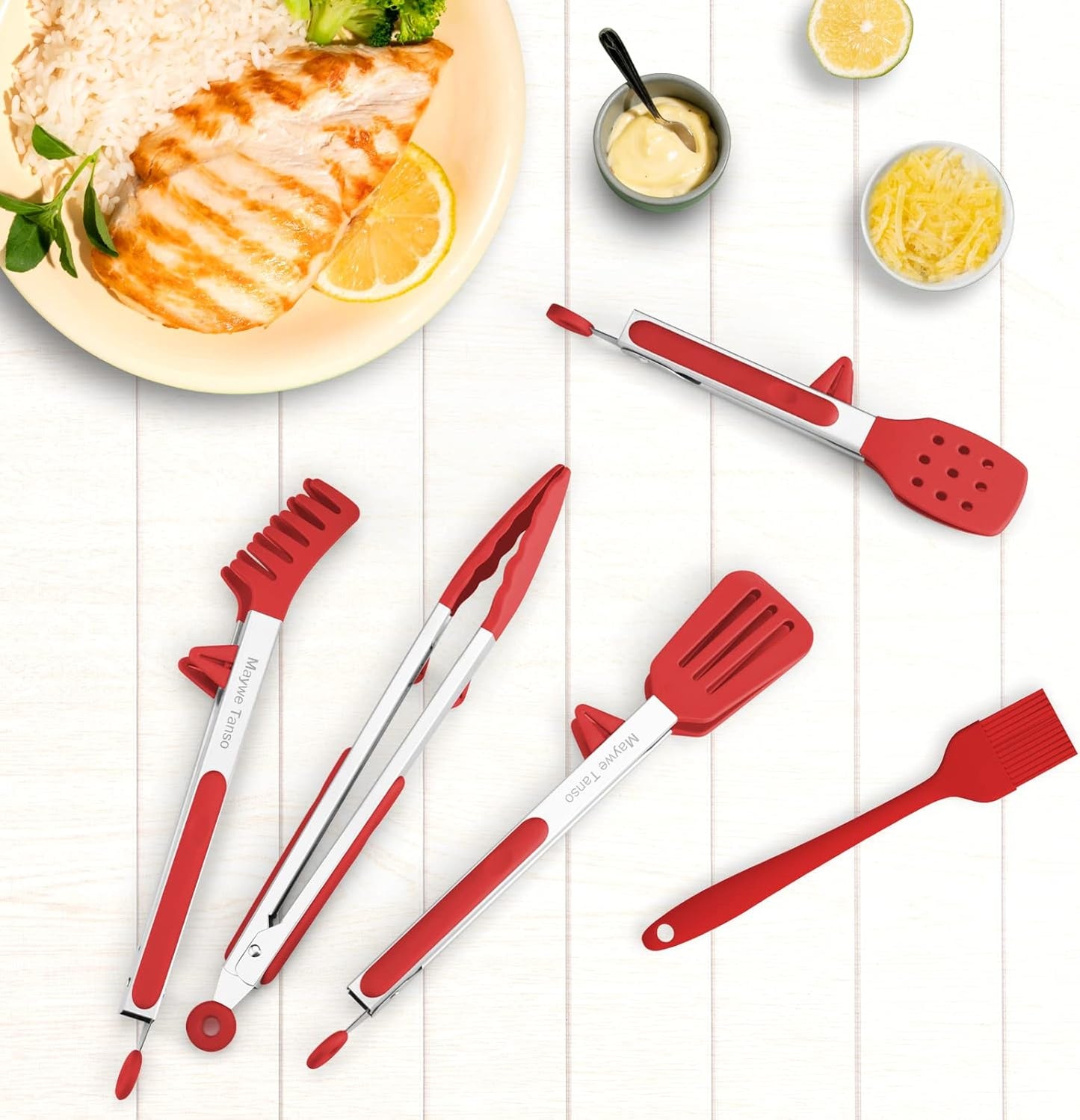 5-Pack Kitchen Tongs for Cooking with Silicone Tip,13 Inch,with Oil Brush | 600℉ Heat-Resistant,Non-Stick,Stainless Steel Tongs for Spaghetti,Pasta,Steak,Salad,BBQ,Pie,Pizza,Buffet,Serving Food(Black)