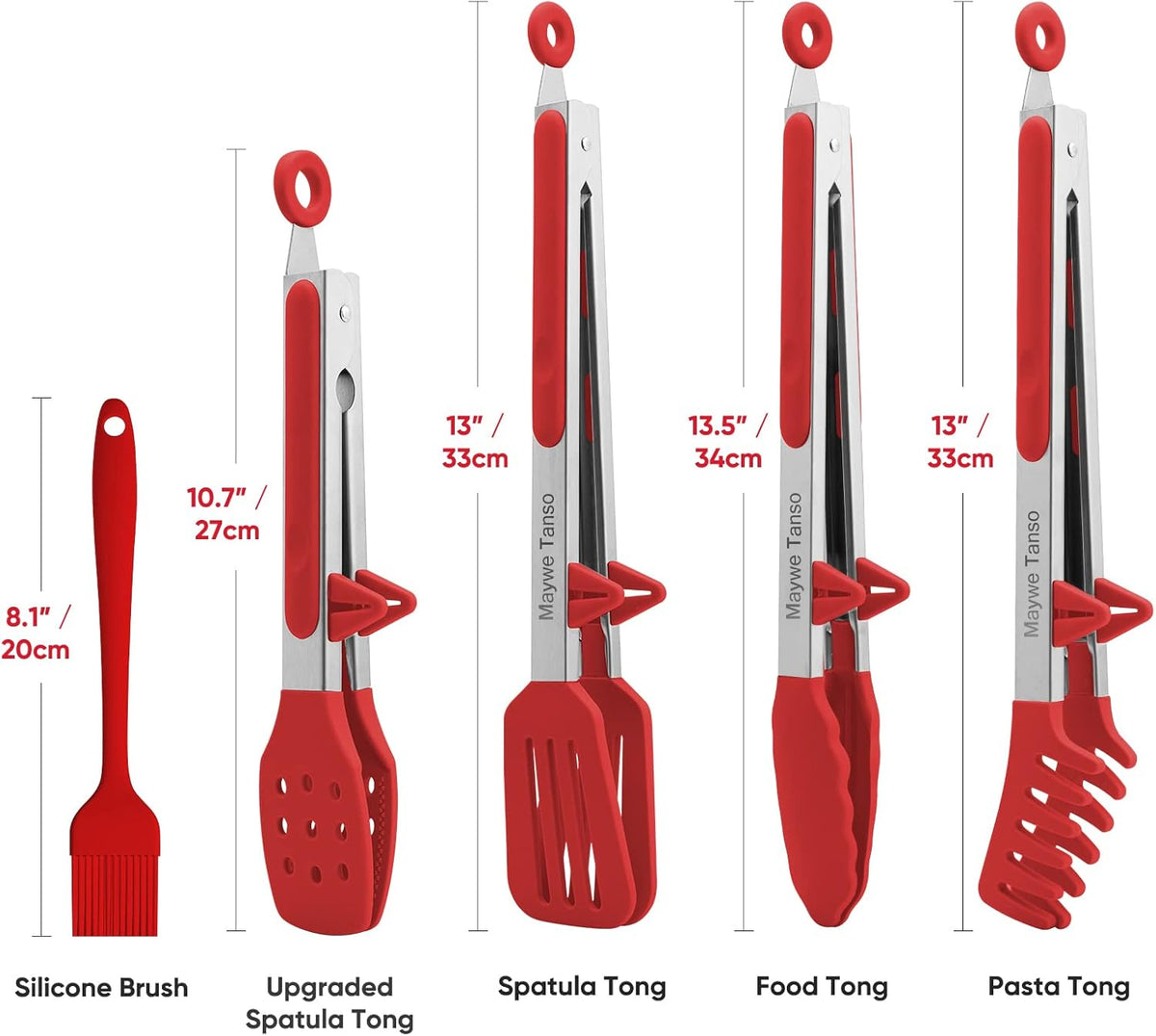 5-Pack Kitchen Tongs for Cooking with Silicone Tip,13 Inch,with Oil Brush | 600℉ Heat-Resistant,Non-Stick,Stainless Steel Tongs for Spaghetti,Pasta,Steak,Salad,BBQ,Pie,Pizza,Buffet,Serving Food(Black)