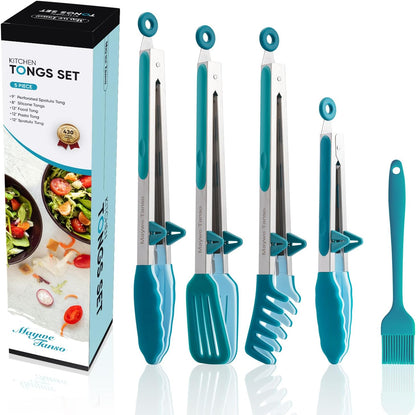 5-Pack Kitchen Tongs for Cooking with Silicone Tip,13 Inch,with Oil Brush | 600℉ Heat-Resistant,Non-Stick,Stainless Steel Tongs for Spaghetti,Pasta,Steak,Salad,BBQ,Pie,Pizza,Buffet,Serving Food(Black)