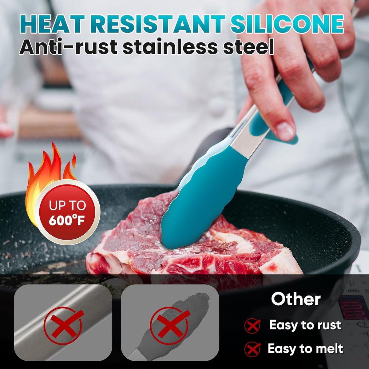 5-Pack Kitchen Tongs for Cooking with Silicone Tip,13 Inch,with Oil Brush | 600℉ Heat-Resistant,Non-Stick,Stainless Steel Tongs for Spaghetti,Pasta,Steak,Salad,BBQ,Pie,Pizza,Buffet,Serving Food(Black)