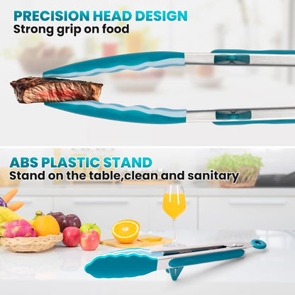 5-Pack Kitchen Tongs for Cooking with Silicone Tip,13 Inch,with Oil Brush | 600℉ Heat-Resistant,Non-Stick,Stainless Steel Tongs for Spaghetti,Pasta,Steak,Salad,BBQ,Pie,Pizza,Buffet,Serving Food(Black)