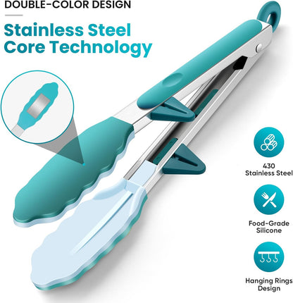 5-Pack Kitchen Tongs for Cooking with Silicone Tip,13 Inch,with Oil Brush | 600℉ Heat-Resistant,Non-Stick,Stainless Steel Tongs for Spaghetti,Pasta,Steak,Salad,BBQ,Pie,Pizza,Buffet,Serving Food(Black)
