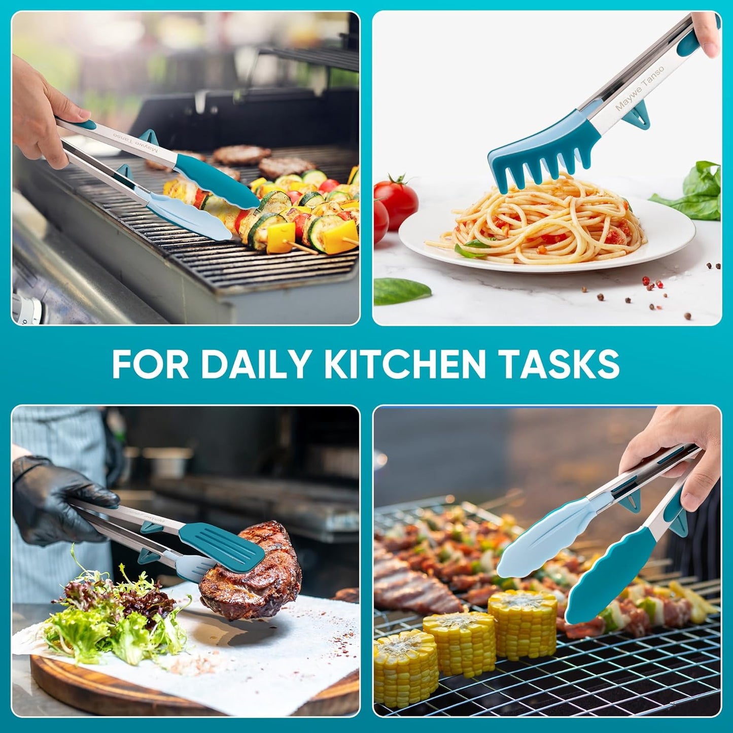 5-Pack Kitchen Tongs for Cooking with Silicone Tip,13 Inch,with Oil Brush | 600℉ Heat-Resistant,Non-Stick,Stainless Steel Tongs for Spaghetti,Pasta,Steak,Salad,BBQ,Pie,Pizza,Buffet,Serving Food(Black)