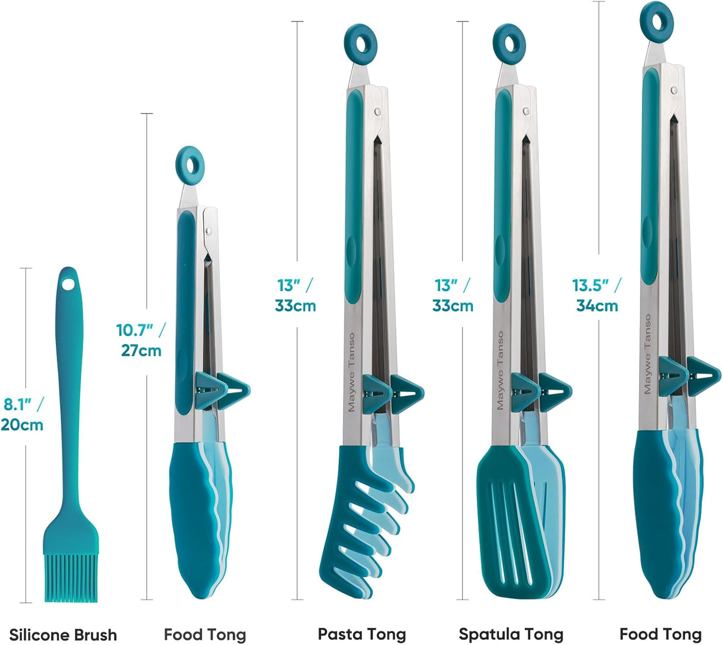 5-Pack Kitchen Tongs for Cooking with Silicone Tip,13 Inch,with Oil Brush | 600℉ Heat-Resistant,Non-Stick,Stainless Steel Tongs for Spaghetti,Pasta,Steak,Salad,BBQ,Pie,Pizza,Buffet,Serving Food(Black)