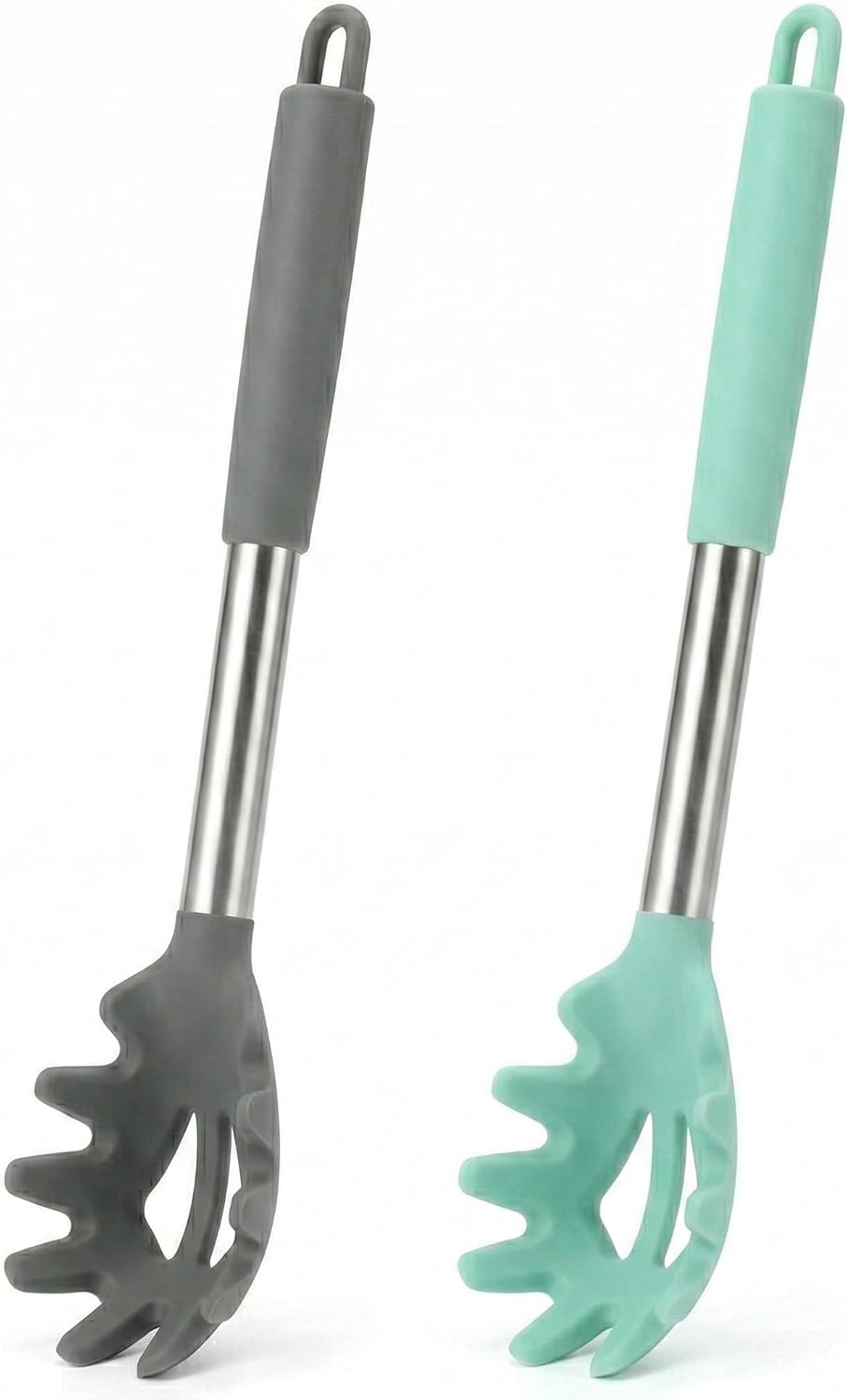 Silicone Pasta Fork (13.2"), 2-Pack Stainless Steel Handle Spaghetti Server Spoons Heat Resistant 600°F, Food Grade Metal Pasta Spoon, BPA Free, Noodle Spoon.