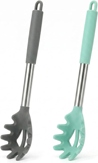 Silicone Pasta Fork (13.2"), 2-Pack Stainless Steel Handle Spaghetti Server Spoons Heat Resistant 600°F, Food Grade Metal Pasta Spoon, BPA Free, Noodle Spoon.