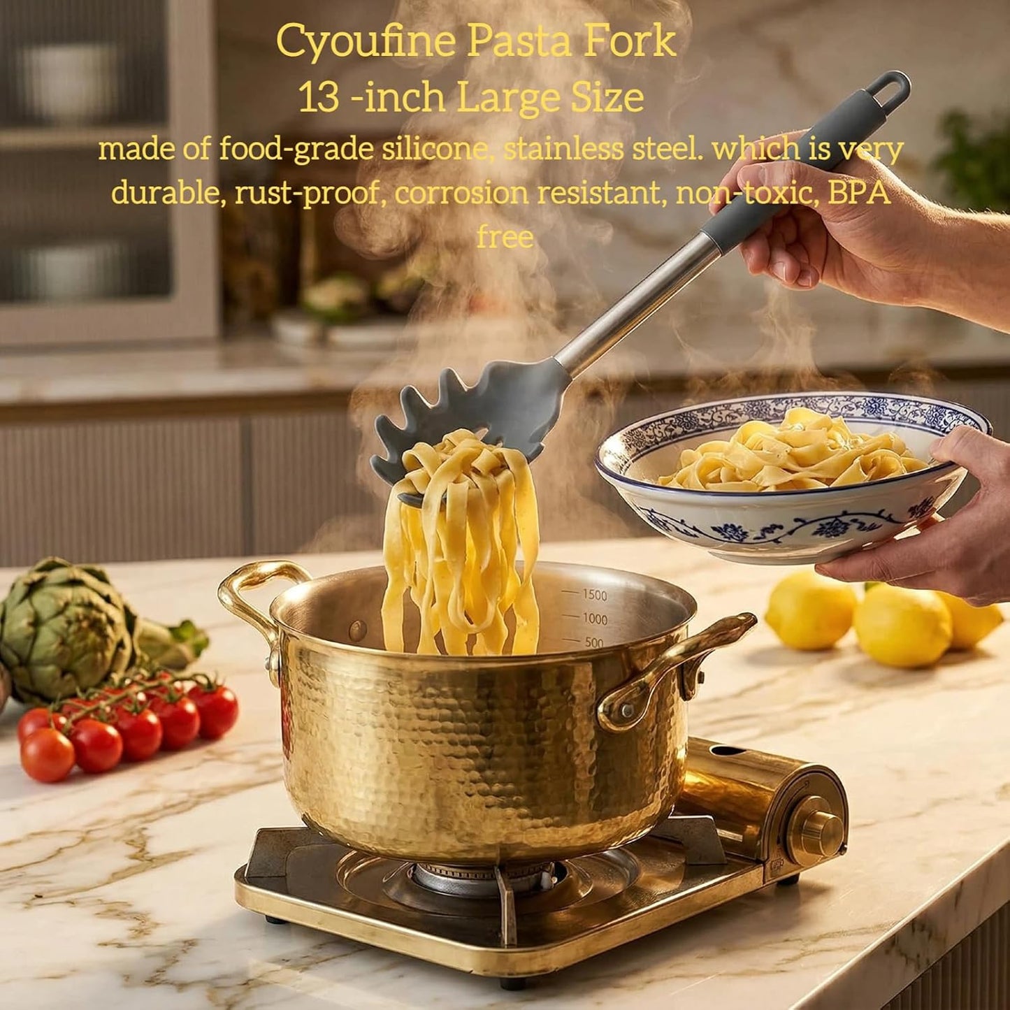 Silicone Pasta Fork (13.2"), 2-Pack Stainless Steel Handle Spaghetti Server Spoons Heat Resistant 600°F, Food Grade Metal Pasta Spoon, BPA Free, Noodle Spoon.