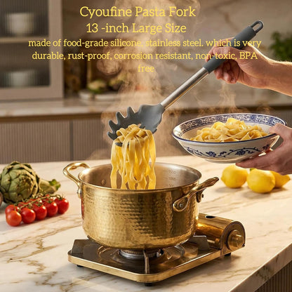 Silicone Pasta Fork (13.2"), 2-Pack Stainless Steel Handle Spaghetti Server Spoons Heat Resistant 600°F, Food Grade Metal Pasta Spoon, BPA Free, Noodle Spoon.