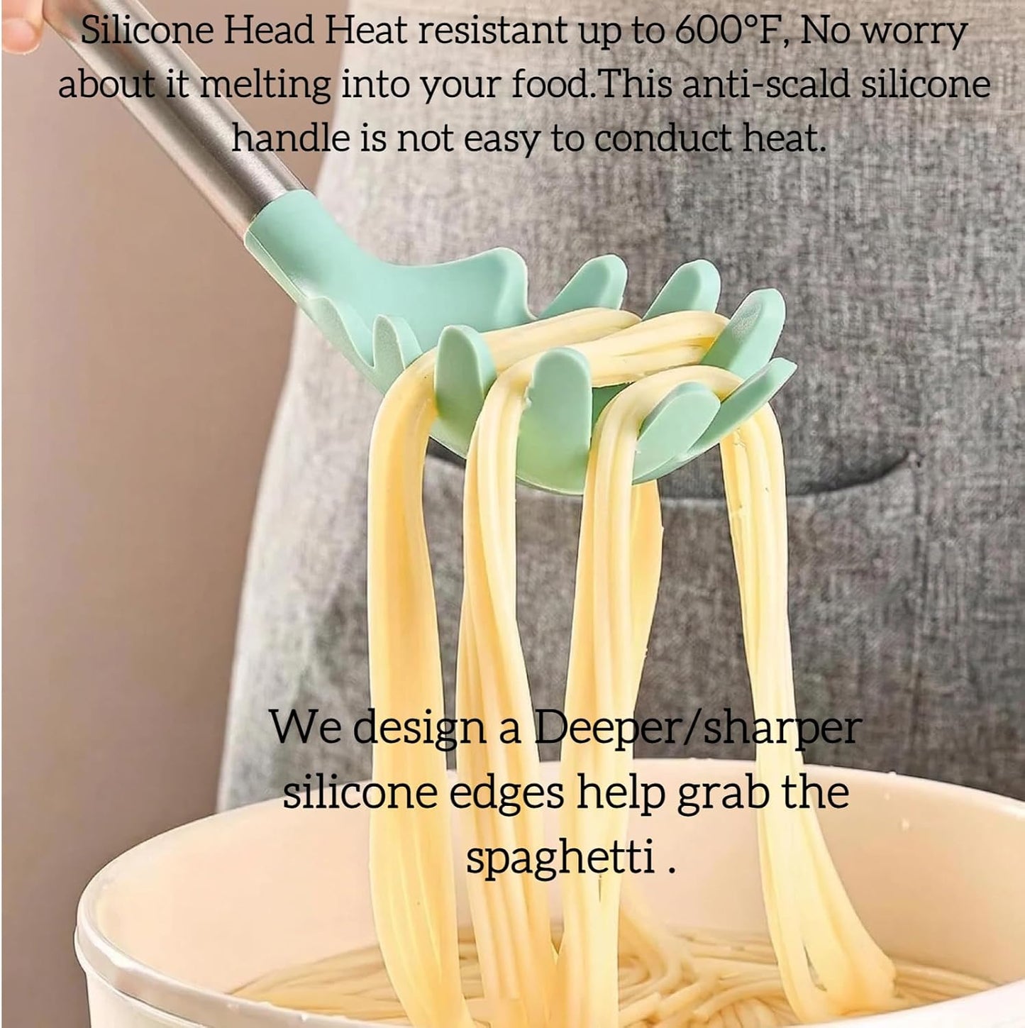 Silicone Pasta Fork (13.2"), 2-Pack Stainless Steel Handle Spaghetti Server Spoons Heat Resistant 600°F, Food Grade Metal Pasta Spoon, BPA Free, Noodle Spoon.