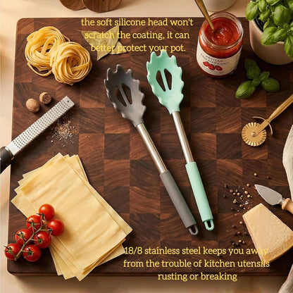 Silicone Pasta Fork (13.2"), 2-Pack Stainless Steel Handle Spaghetti Server Spoons Heat Resistant 600°F, Food Grade Metal Pasta Spoon, BPA Free, Noodle Spoon.