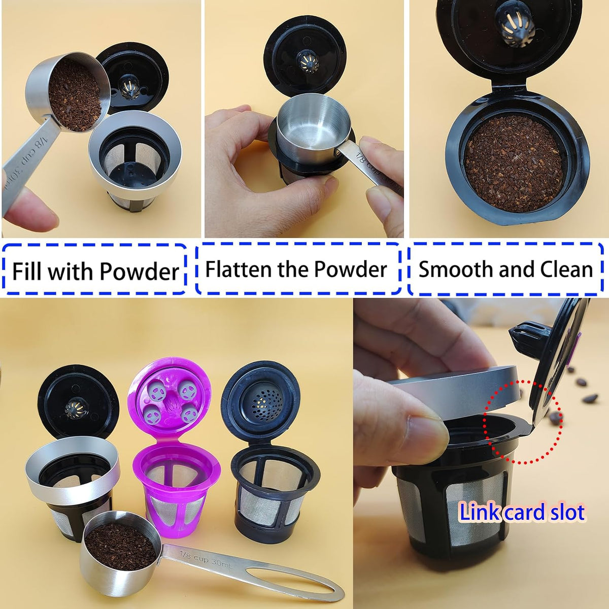 Reusable K Cup Refill Kit, Aluminum No-Spill Dosing Funnel + 304 Stainless Steel 30ml Coffee Scoop, Fits K 1.0 & 2.0 Metal & BPA-Free Plastic Reusable K Cups, Anti-Leak Coffee Filling Accessory Silver