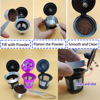 Reusable K Cup Refill Kit, Aluminum No-Spill Dosing Funnel + 304 Stainless Steel 30ml Coffee Scoop, Fits K 1.0 & 2.0 Metal & BPA-Free Plastic Reusable K Cups, Anti-Leak Coffee Filling Accessory Silver