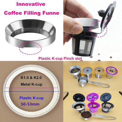 Reusable K Cup Refill Kit, Aluminum No-Spill Dosing Funnel + 304 Stainless Steel 30ml Coffee Scoop, Fits K 1.0 & 2.0 Metal & BPA-Free Plastic Reusable K Cups, Anti-Leak Coffee Filling Accessory Silver