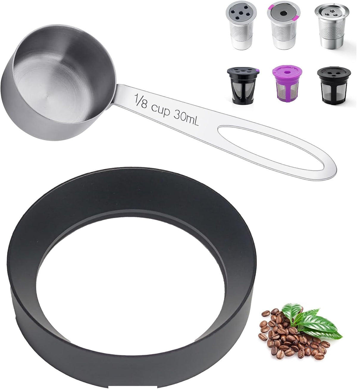 Reusable K Cup Refill Kit, Aluminum No-Spill Dosing Funnel + 304 Stainless Steel 30ml Coffee Scoop, Fits K 1.0 & 2.0 Metal & BPA-Free Plastic Reusable K Cups, Anti-Leak Coffee Filling Accessory Silver