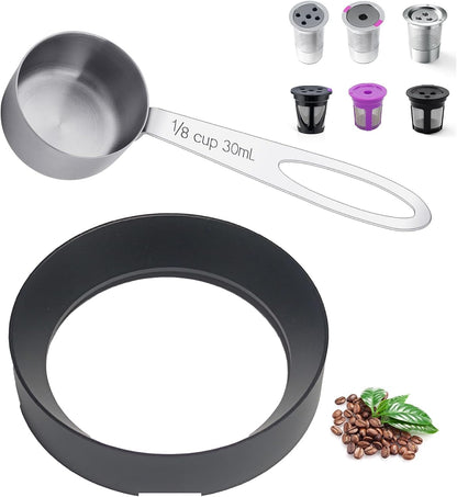 Reusable K Cup Refill Kit, Aluminum No-Spill Dosing Funnel + 304 Stainless Steel 30ml Coffee Scoop, Fits K 1.0 & 2.0 Metal & BPA-Free Plastic Reusable K Cups, Anti-Leak Coffee Filling Accessory Silver