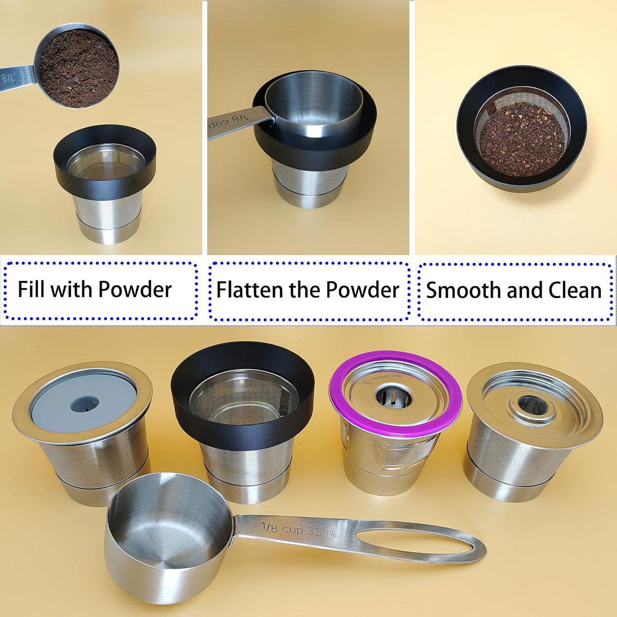 Reusable K Cup Refill Kit, Aluminum No-Spill Dosing Funnel + 304 Stainless Steel 30ml Coffee Scoop, Fits K 1.0 & 2.0 Metal & BPA-Free Plastic Reusable K Cups, Anti-Leak Coffee Filling Accessory Silver