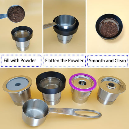 Reusable K Cup Refill Kit, Aluminum No-Spill Dosing Funnel + 304 Stainless Steel 30ml Coffee Scoop, Fits K 1.0 & 2.0 Metal & BPA-Free Plastic Reusable K Cups, Anti-Leak Coffee Filling Accessory Silver