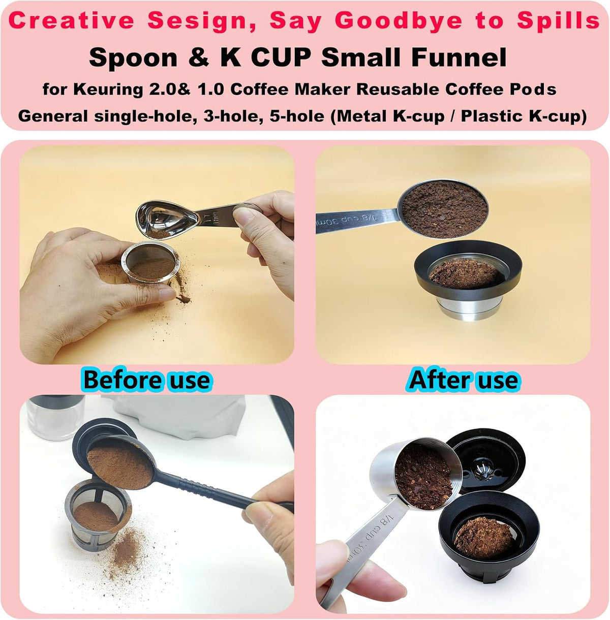 Reusable K Cup Refill Kit, Aluminum No-Spill Dosing Funnel + 304 Stainless Steel 30ml Coffee Scoop, Fits K 1.0 & 2.0 Metal & BPA-Free Plastic Reusable K Cups, Anti-Leak Coffee Filling Accessory Silver
