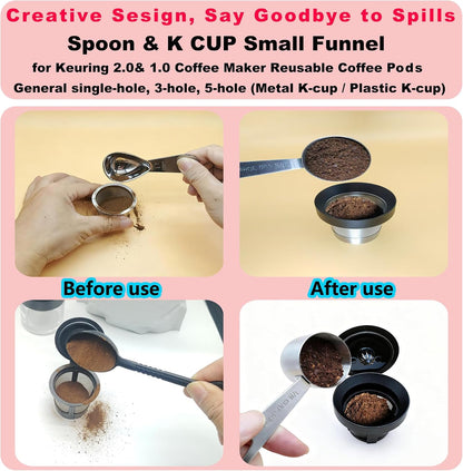 Reusable K Cup Refill Kit, Aluminum No-Spill Dosing Funnel + 304 Stainless Steel 30ml Coffee Scoop, Fits K 1.0 & 2.0 Metal & BPA-Free Plastic Reusable K Cups, Anti-Leak Coffee Filling Accessory Silver