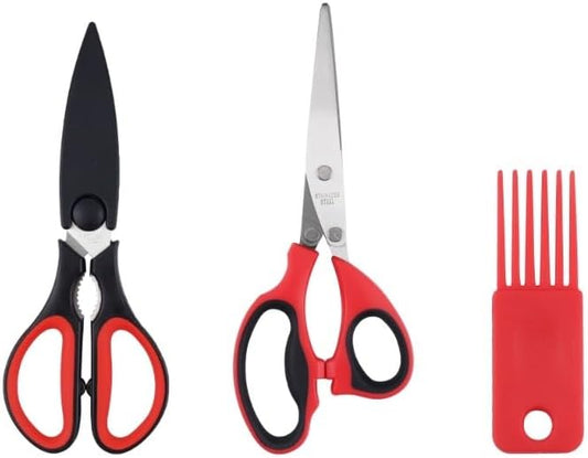 Herb Scissors & Kitchen Scissor Set - Multipurpose Stainless Steel 5 blades Herb Shears, Heavy Duty Meat, Poultry, Food Cooking Scissors, Dishwasher Safe - 2 Pack (Red and Black)