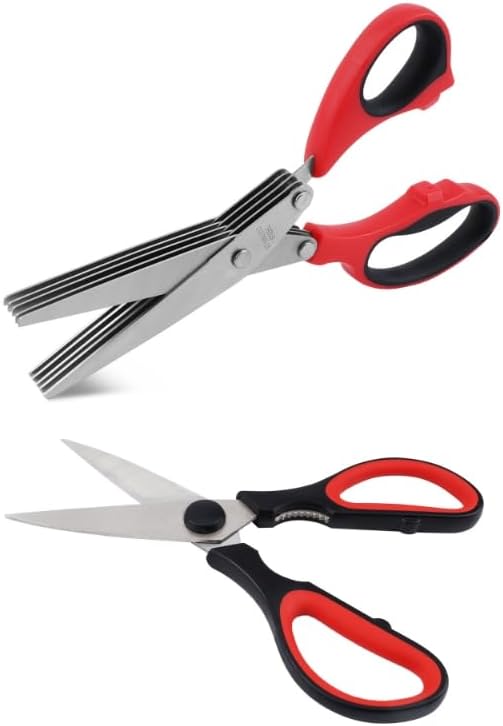 Herb Scissors & Kitchen Scissor Set - Multipurpose Stainless Steel 5 blades Herb Shears, Heavy Duty Meat, Poultry, Food Cooking Scissors, Dishwasher Safe - 2 Pack (Red and Black)