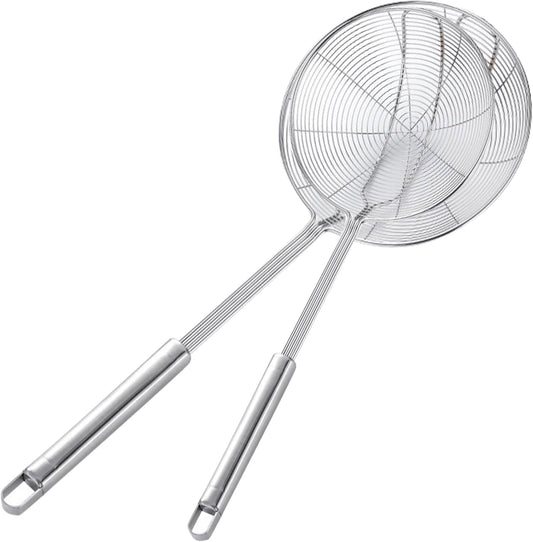 Stainless Steel Spider Skimmer, Set of 2 Professional Kitchen Pasta Strainer Spoon with Long Handle (L17 x D7.5 and L15.7 x D6)