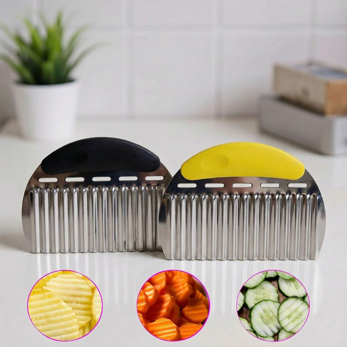 Crinkle Cutter French Fry Cutter, 2 Pack Stainless Steel Wavy Potato Slicer