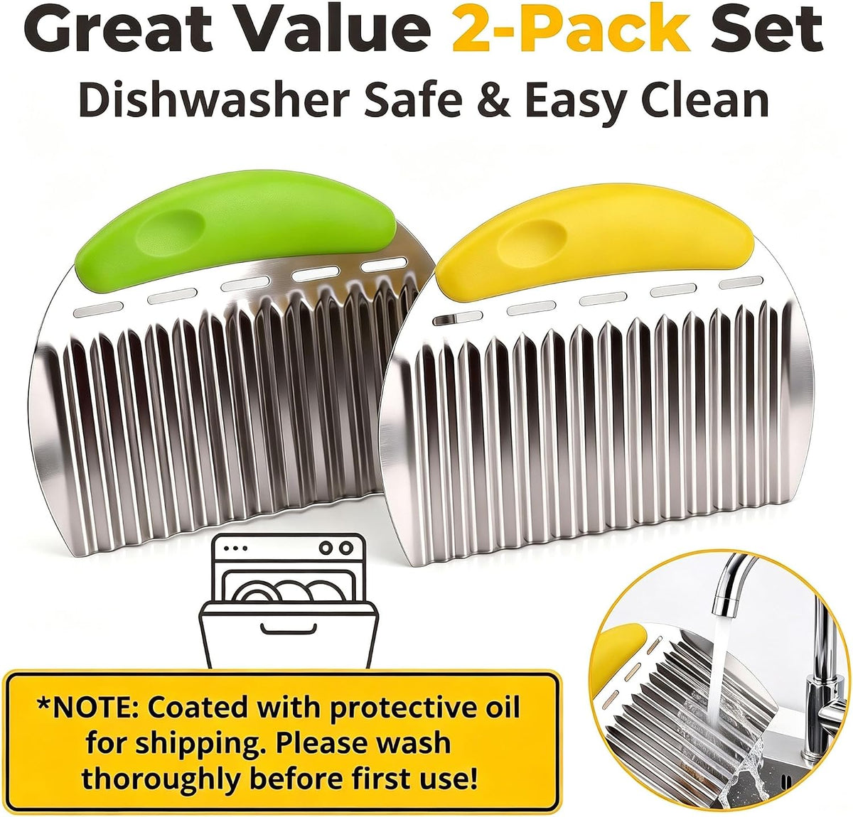 Crinkle Cutter French Fry Cutter, 2 Pack Stainless Steel Wavy Potato Slicer