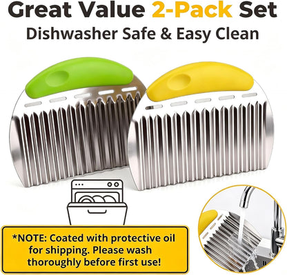 Crinkle Cutter French Fry Cutter, 2 Pack Stainless Steel Wavy Potato Slicer