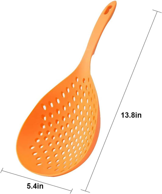 2 Pieces Strainer Scoop Colander Slotted Pasta Spoon Plastic Skimmer Spoon with Handle Food Drain Shovel for Kitchen Cooking, White and Orange 13.8x5.4