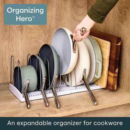 StoreMore Expandable Cookware Rack with Tall Steel Wires, 12.5"-22" Wide Adjustable Pan Organizer for Kitchen Cabinet Storage, Premium Edition
