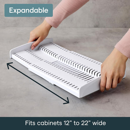 StoreMore Expandable Cookware Rack with Tall Steel Wires, 12.5"-22" Wide Adjustable Pan Organizer for Kitchen Cabinet Storage, Premium Edition