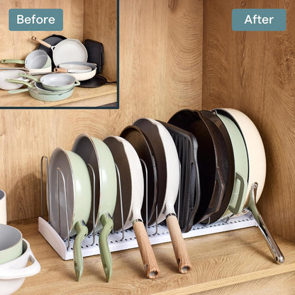 StoreMore Expandable Cookware Rack with Tall Steel Wires, 12.5"-22" Wide Adjustable Pan Organizer for Kitchen Cabinet Storage, Premium Edition