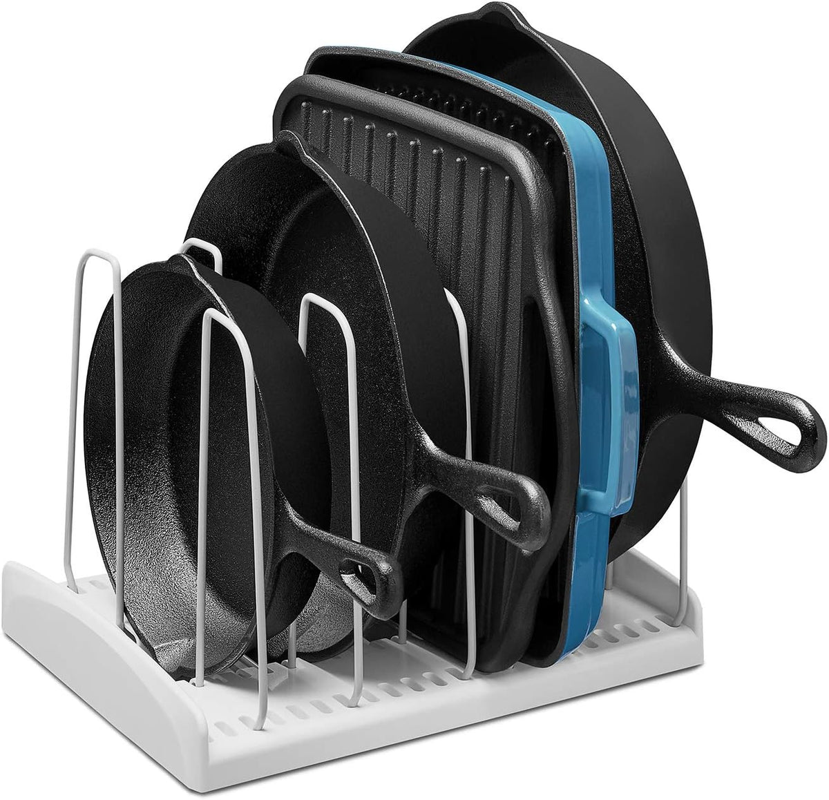 StoreMore Expandable Cookware Rack with Tall Steel Wires, 12.5"-22" Wide Adjustable Pan Organizer for Kitchen Cabinet Storage, Premium Edition