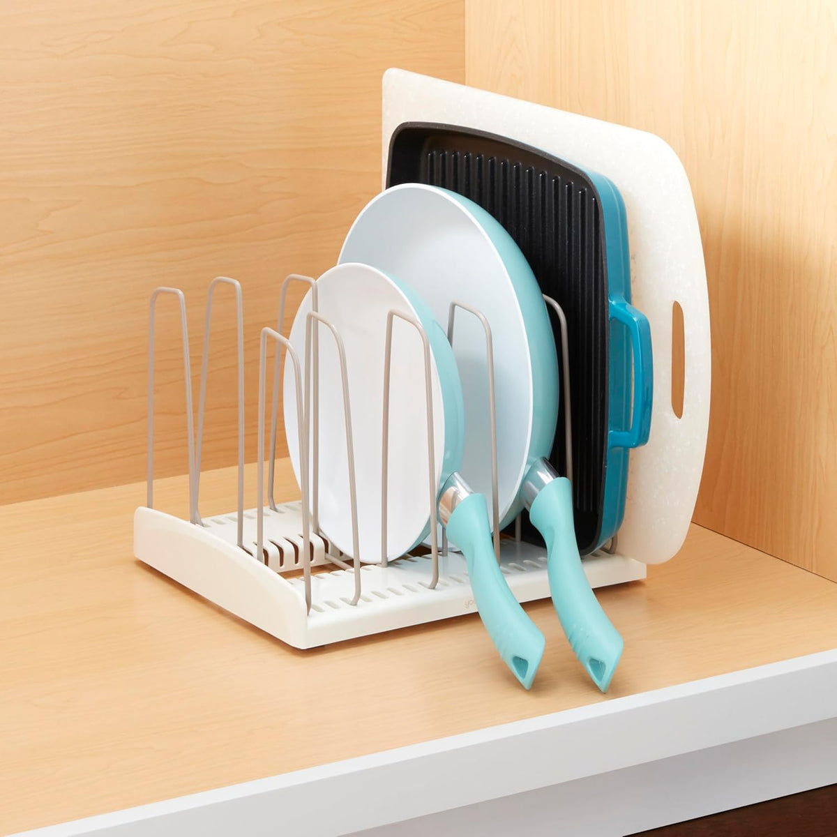 StoreMore Expandable Cookware Rack with Tall Steel Wires, 12.5"-22" Wide Adjustable Pan Organizer for Kitchen Cabinet Storage, Premium Edition