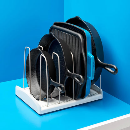 StoreMore Expandable Cookware Rack with Tall Steel Wires, 12.5"-22" Wide Adjustable Pan Organizer for Kitchen Cabinet Storage, Premium Edition