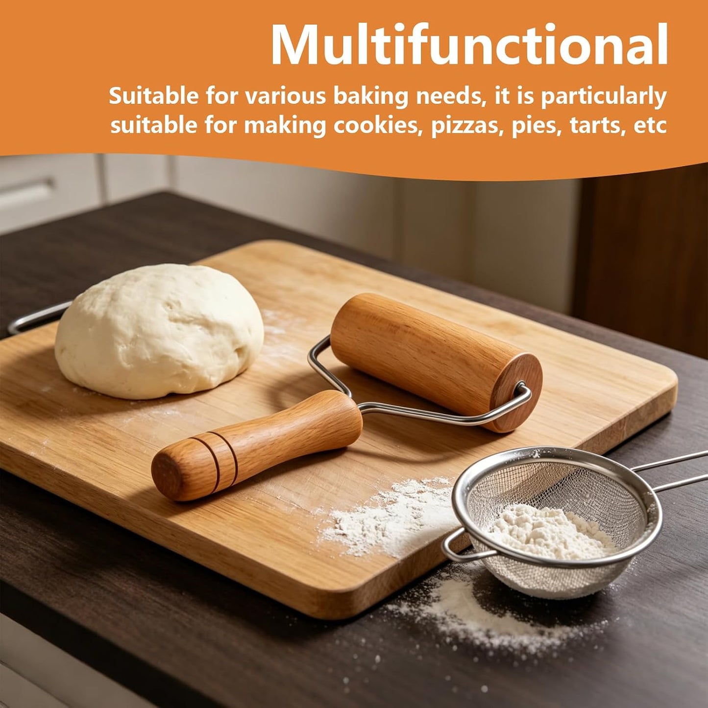 Small Rolling Pin, Wooden Dough Roller, Non-Stick Pizza Roller, T Type Rolling Pins for Kitchen Baking, Pizza Dough Press (3.8 * 7.5 inch)