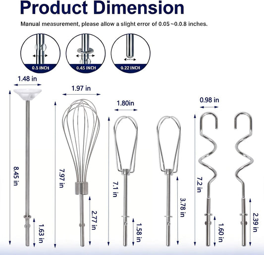Hand Mixer Attachments Fits for KitchenAid KHM3 KHM5 KHM7 KHM9 Hand Mixer | Stainless Steel Replacement Beaters, Whisk, Dough Hooks & Blending Rod Hand Mixer Replacement Parts