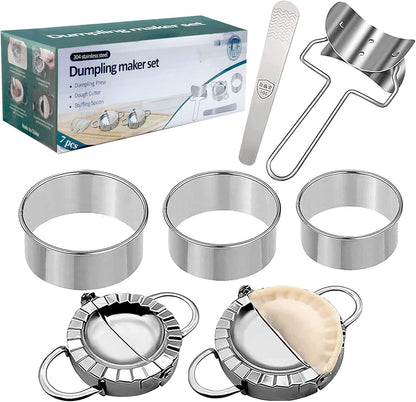 Dumpling Maker Set 7 Piece – Stainless Steel Dumpling Press Kit with Dough Cutter Rings, Empanada Mold & Filling Spoon – DIY Dumpling Maker Tool Set for Gyoza, Pierogi, Ravioli